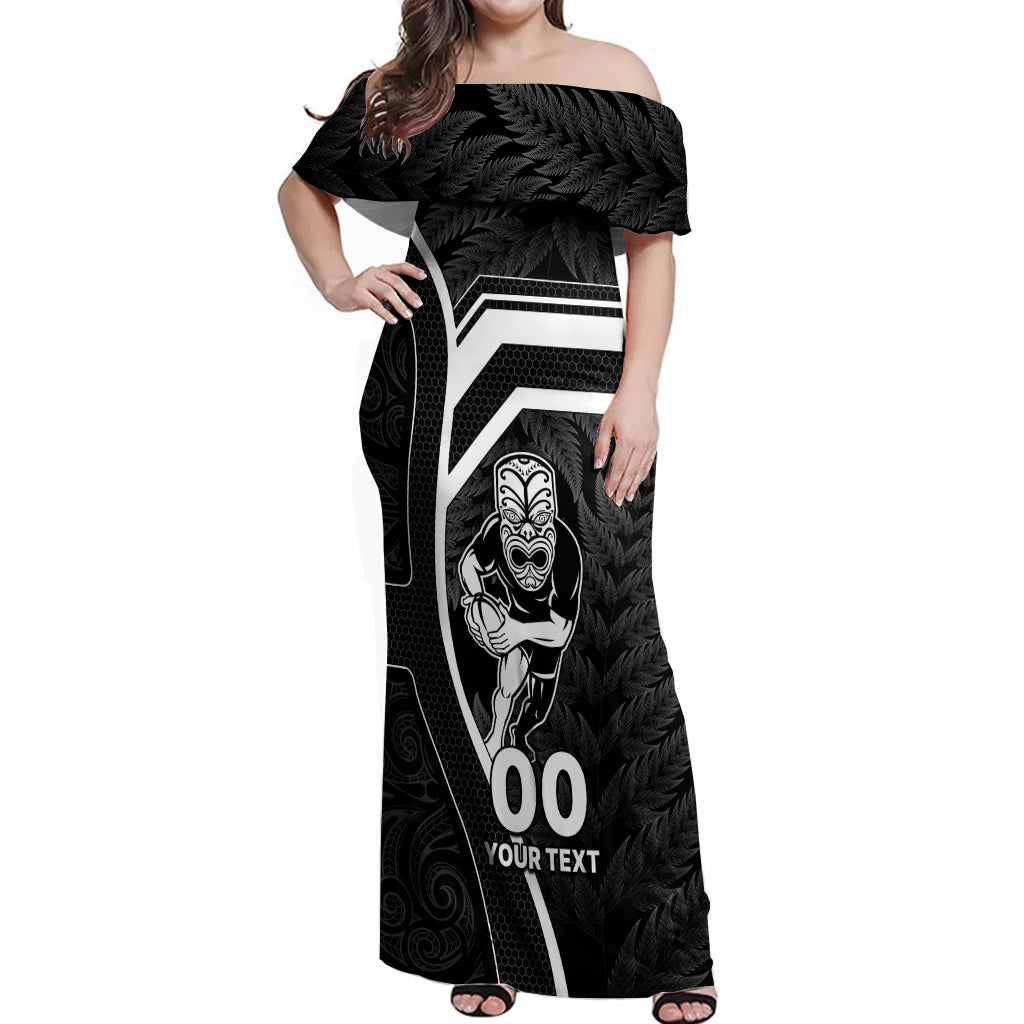 Custom New Zealand Aotearoa Rugby Off Shoulder Maxi Dress Black Fern Maori Tribal Sporty Style - Vibe Hoodie Shop