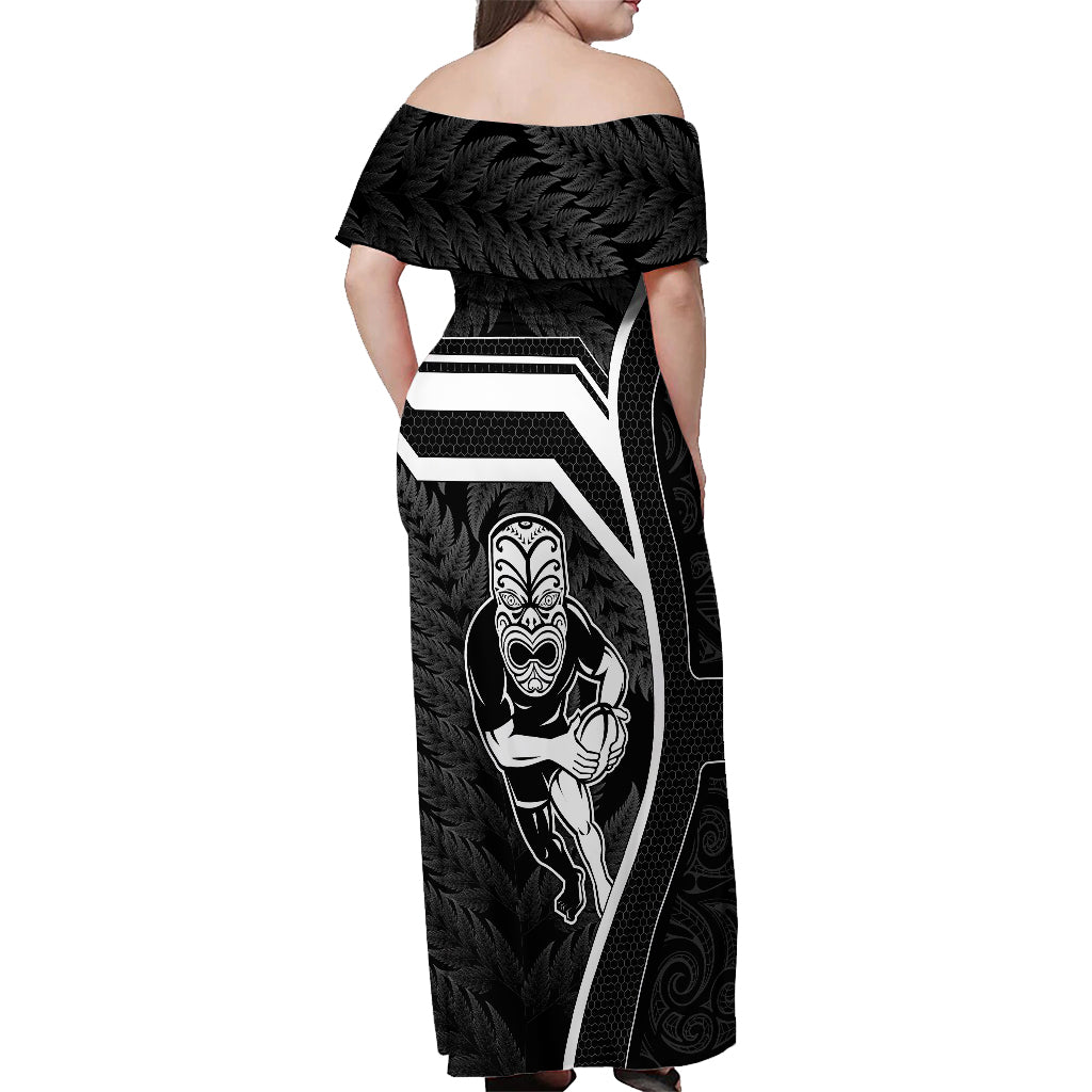 Custom New Zealand Aotearoa Rugby Off Shoulder Maxi Dress Black Fern Maori Tribal Sporty Style - Vibe Hoodie Shop