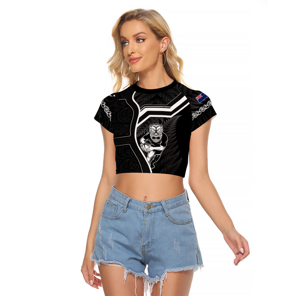 Custom New Zealand Aotearoa Rugby Raglan Cropped T Shirt Black Fern Maori Tribal Sporty Style - Vibe Hoodie Shop