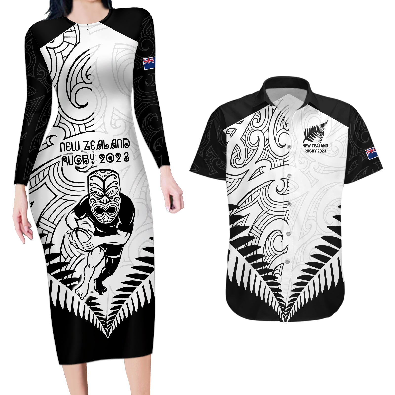 new-zealand-rugby-couples-matching-long-sleeve-bodycon-dress-and-hawaiian-shirt-proud-aoteroa-stylised-maori-koru