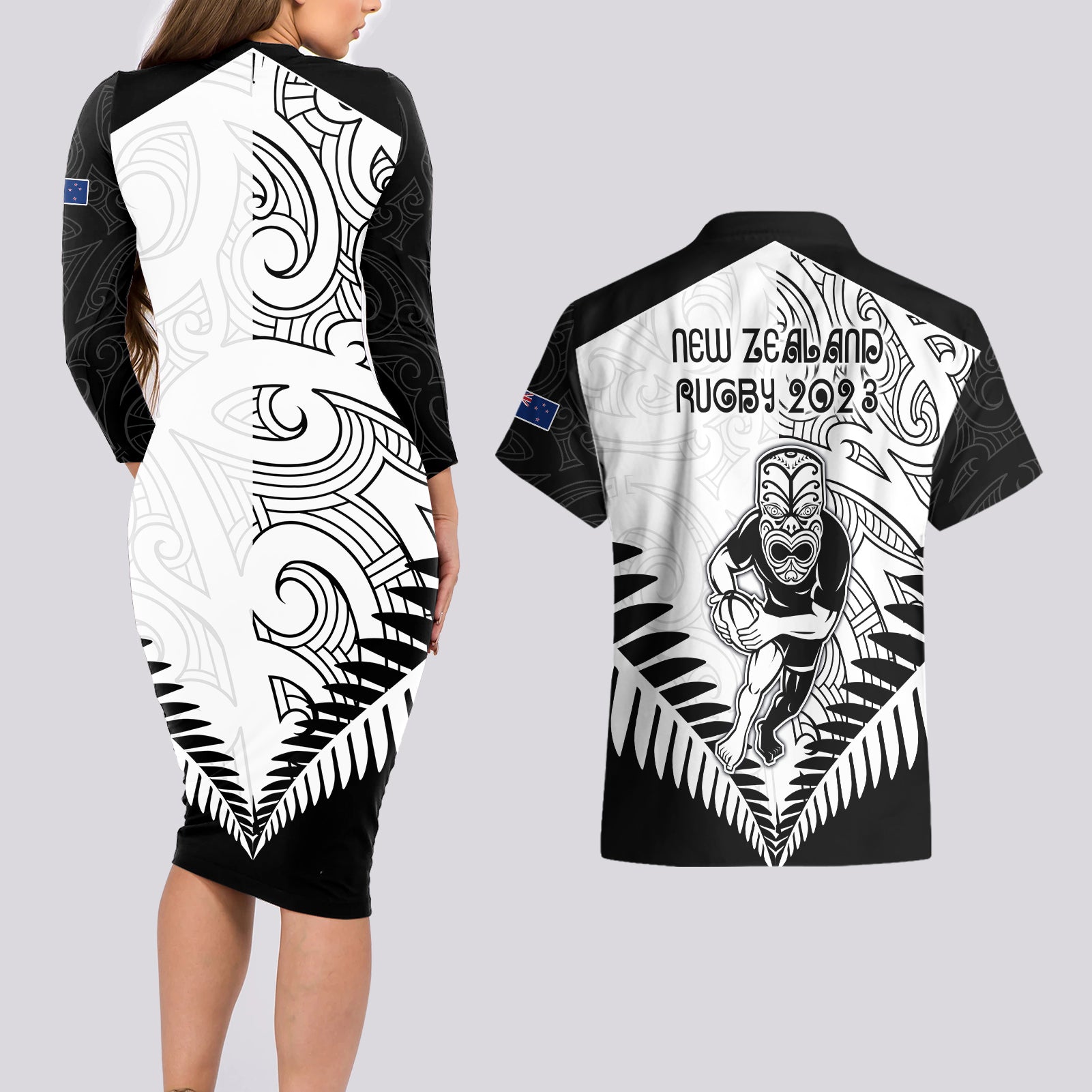 new-zealand-rugby-couples-matching-long-sleeve-bodycon-dress-and-hawaiian-shirt-proud-aoteroa-stylised-maori-koru