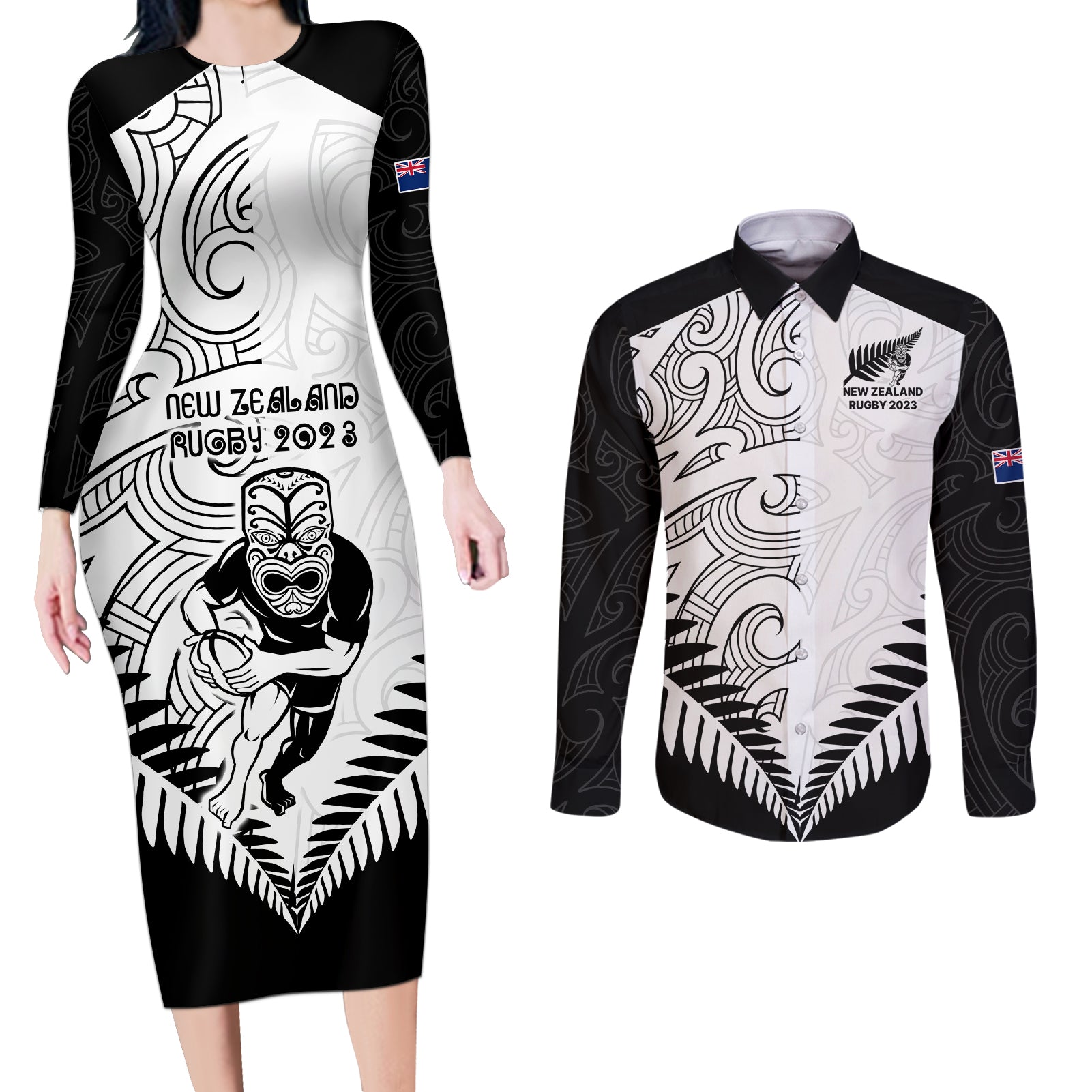 new-zealand-rugby-couples-matching-long-sleeve-bodycon-dress-and-long-sleeve-button-shirts-proud-aoteroa-stylised-maori-koru