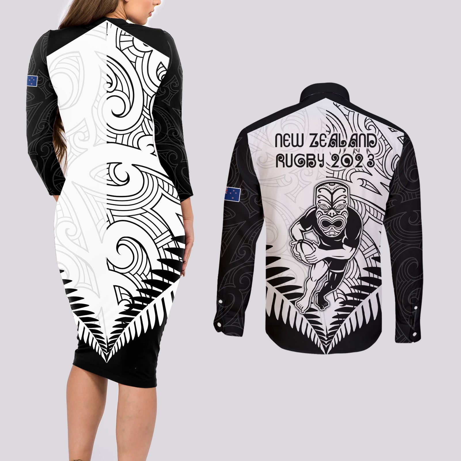new-zealand-rugby-couples-matching-long-sleeve-bodycon-dress-and-long-sleeve-button-shirts-proud-aoteroa-stylised-maori-koru