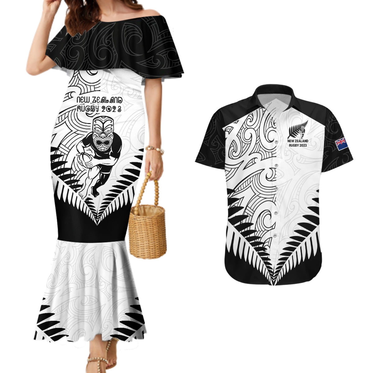 new-zealand-rugby-couples-matching-mermaid-dress-and-hawaiian-shirt-proud-aoteroa-stylised-maori-koru
