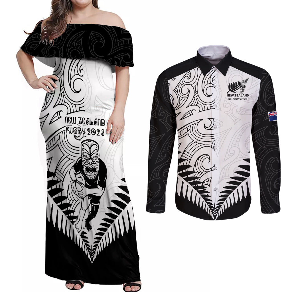new-zealand-rugby-couples-matching-off-shoulder-maxi-dress-and-long-sleeve-button-shirts-proud-aoteroa-stylised-maori-koru