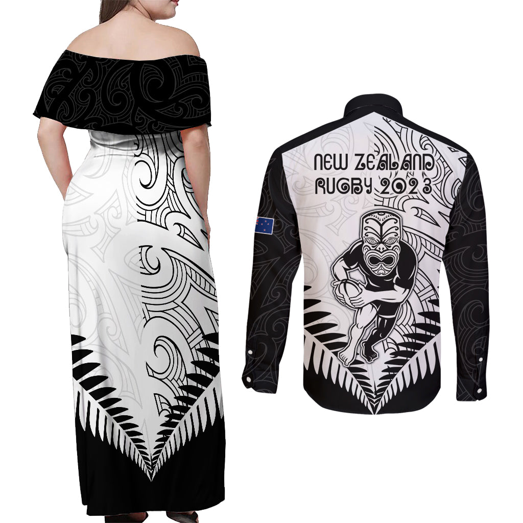new-zealand-rugby-couples-matching-off-shoulder-maxi-dress-and-long-sleeve-button-shirts-proud-aoteroa-stylised-maori-koru