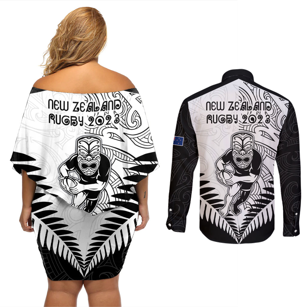 new-zealand-rugby-couples-matching-off-shoulder-short-dress-and-long-sleeve-button-shirts-proud-aoteroa-stylised-maori-koru