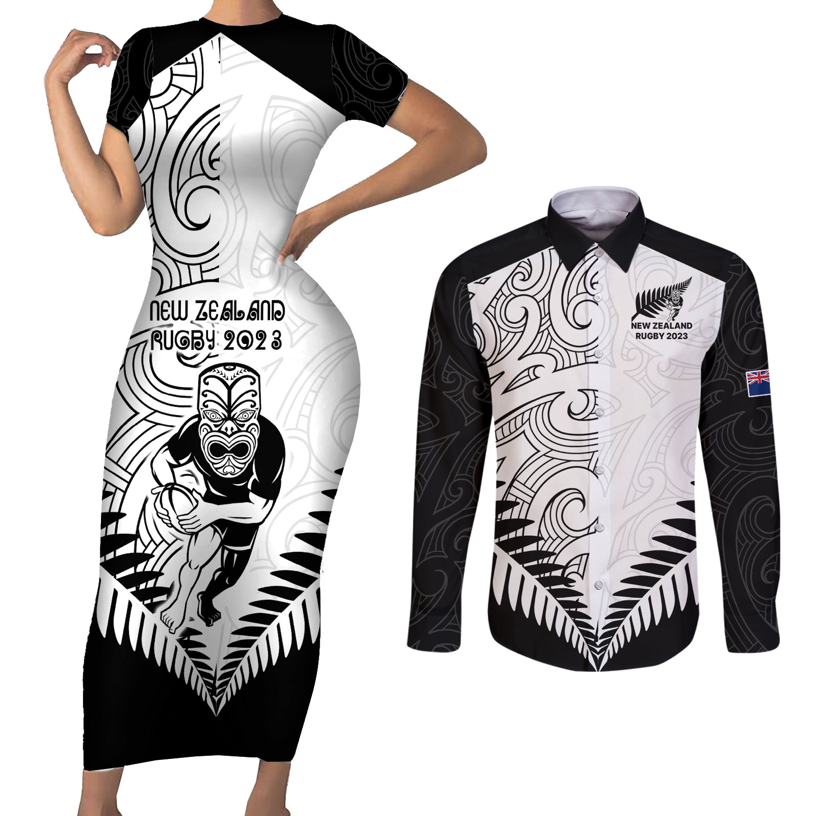 new-zealand-rugby-couples-matching-short-sleeve-bodycon-dress-and-long-sleeve-button-shirts-proud-aoteroa-stylised-maori-koru