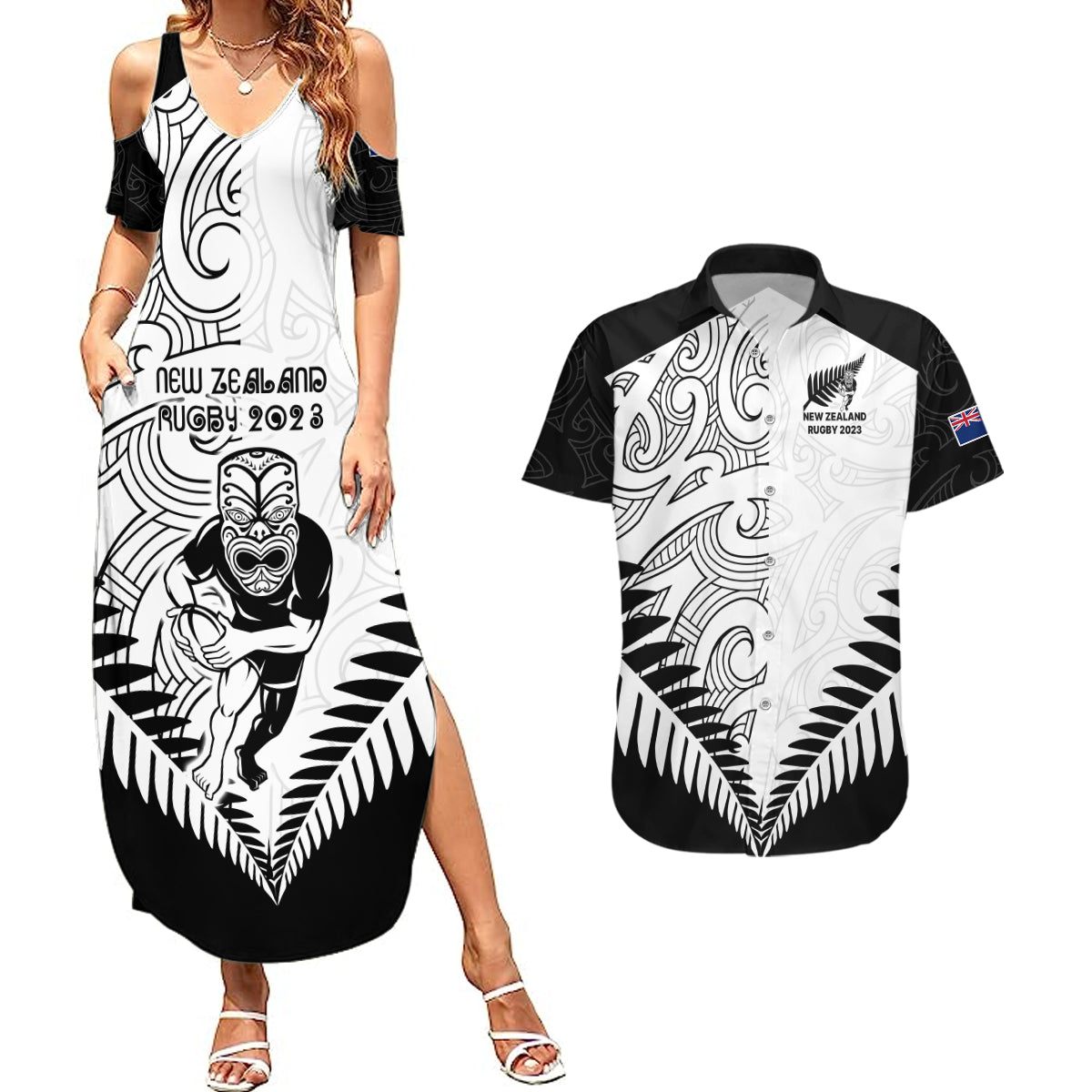 new-zealand-rugby-couples-matching-summer-maxi-dress-and-hawaiian-shirt-proud-aoteroa-stylised-maori-koru
