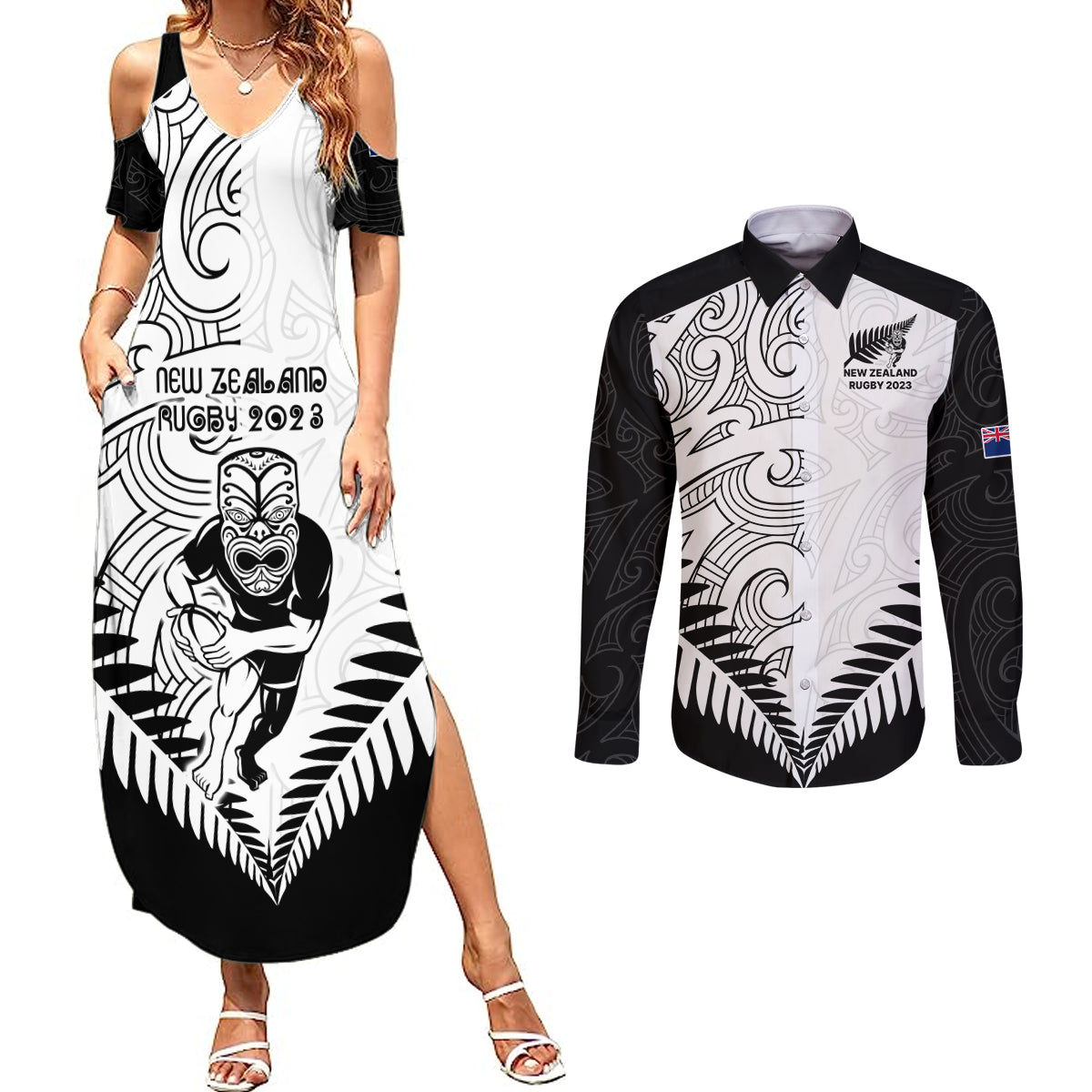 new-zealand-rugby-couples-matching-summer-maxi-dress-and-long-sleeve-button-shirts-proud-aoteroa-stylised-maori-koru