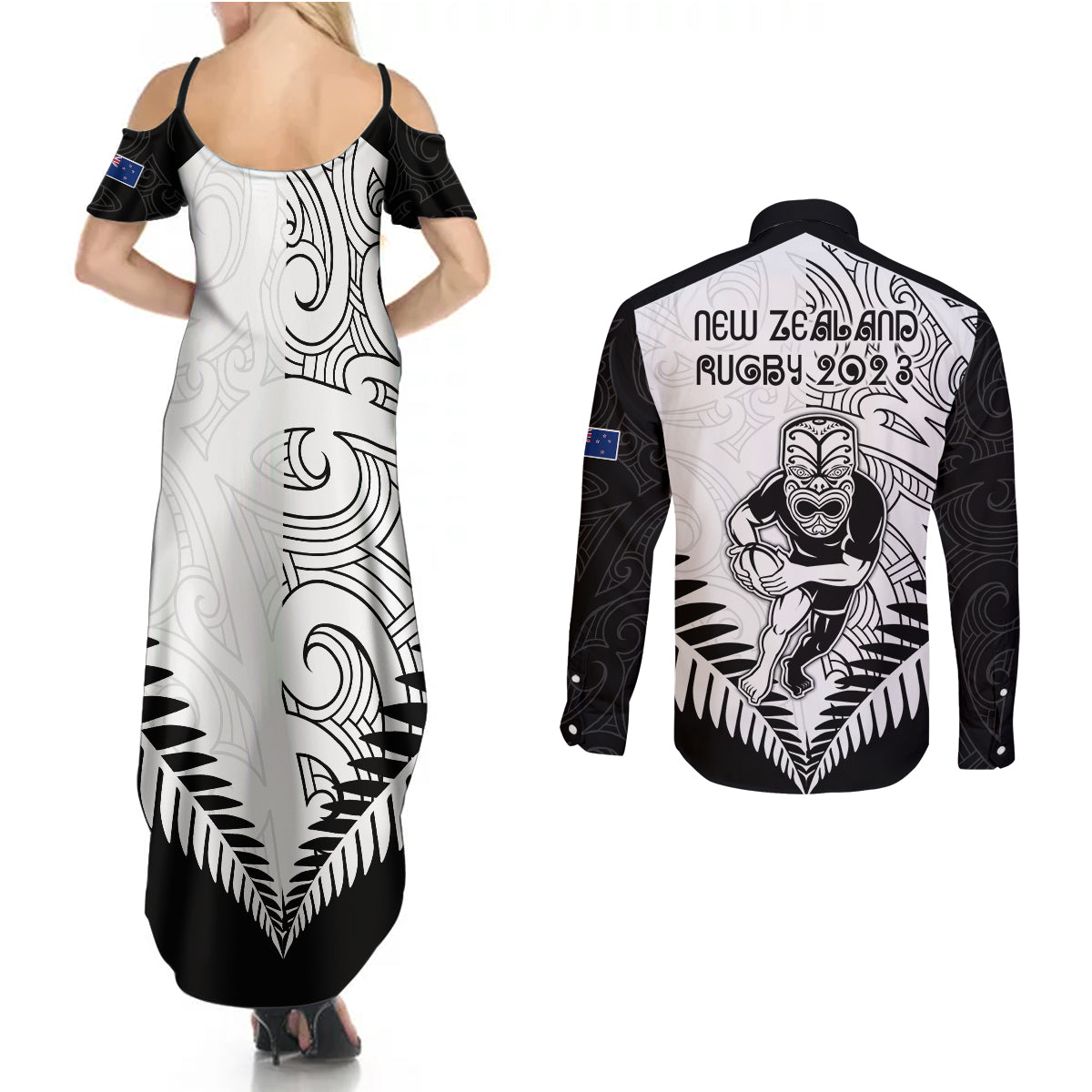 new-zealand-rugby-couples-matching-summer-maxi-dress-and-long-sleeve-button-shirts-proud-aoteroa-stylised-maori-koru