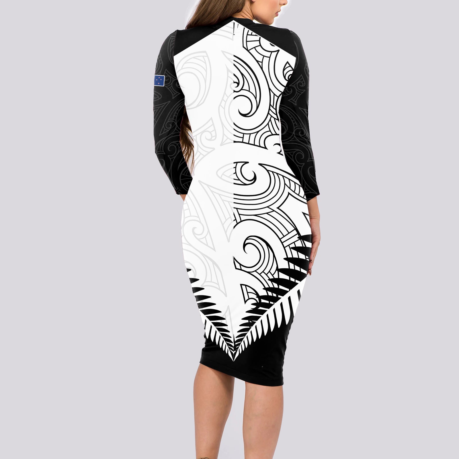 new-zealand-rugby-long-sleeve-bodycon-dress-proud-aoteroa-stylised-maori-koru