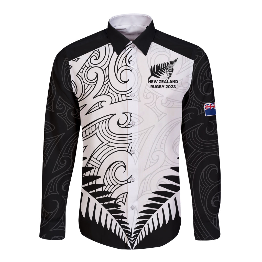 New Zealand Rugby Long Sleeve Button Shirt Proud Aoteroa Stylised Maori Koru - Vibe Hoodie Shop