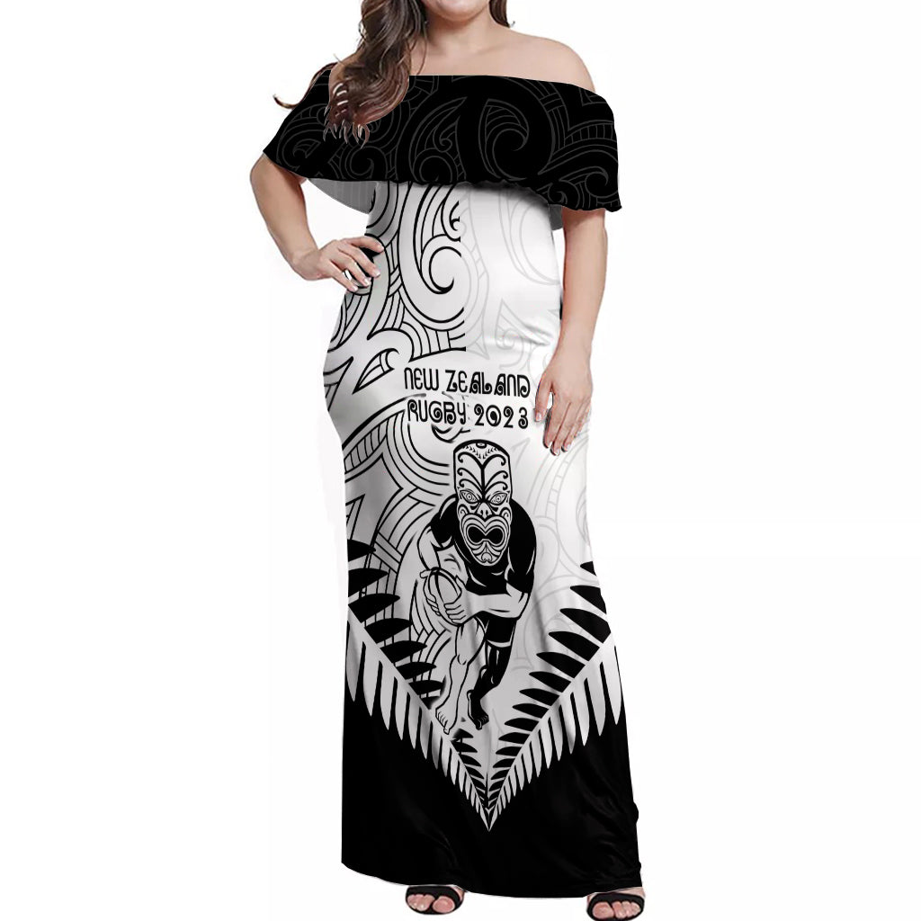 New Zealand Rugby Off Shoulder Maxi Dress Proud Aoteroa Stylised Maori Koru - Vibe Hoodie Shop