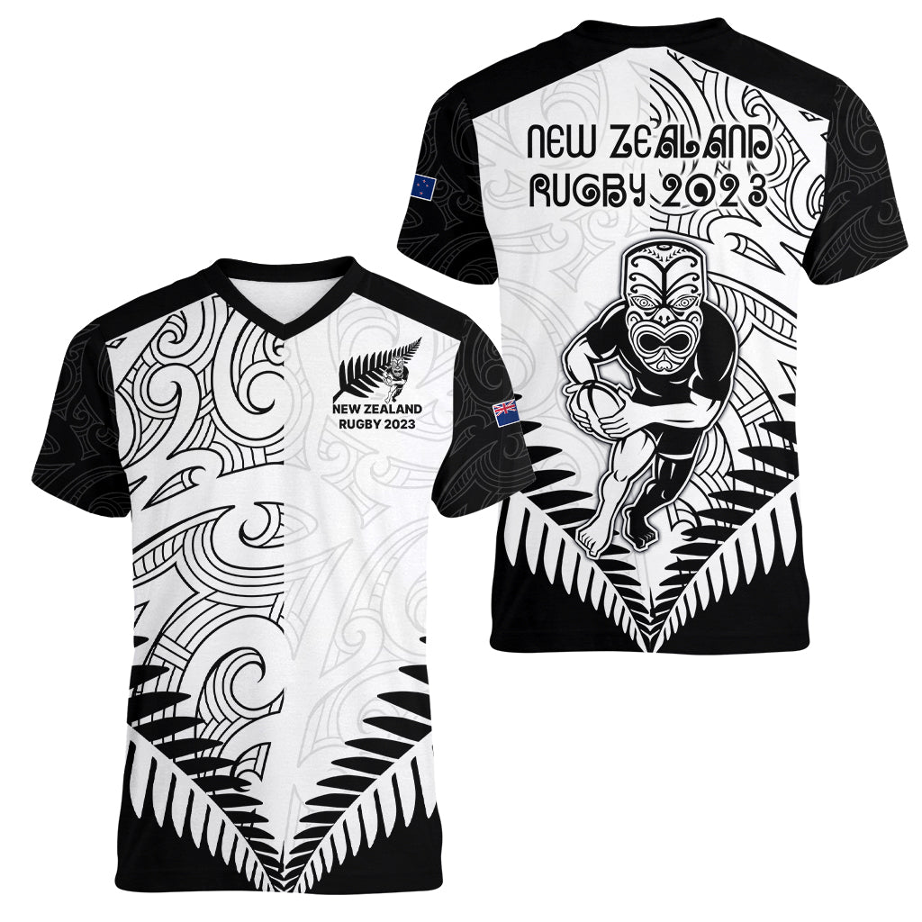 New Zealand Rugby Women V Neck T Shirt Proud Aoteroa Stylised Maori Koru - Vibe Hoodie Shop