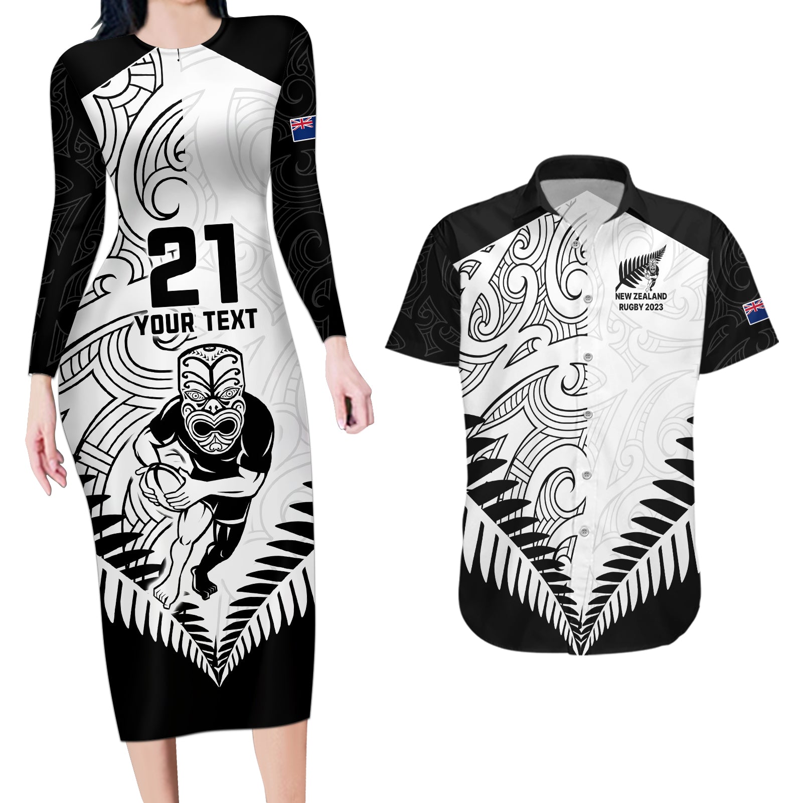 custom-new-zealand-rugby-couples-matching-long-sleeve-bodycon-dress-and-hawaiian-shirt-proud-aoteroa-stylised-maori-koru