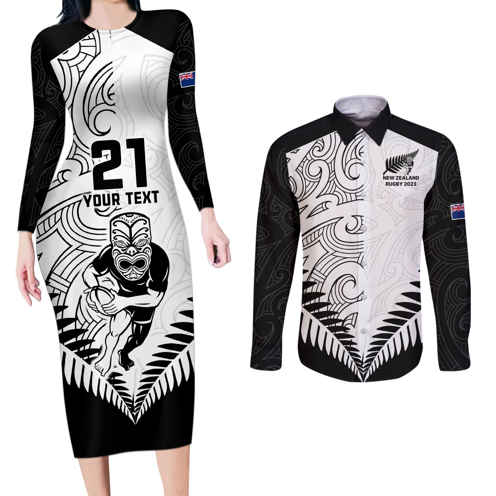 custom-new-zealand-rugby-couples-matching-long-sleeve-bodycon-dress-and-long-sleeve-button-shirts-proud-aoteroa-stylised-maori-koru