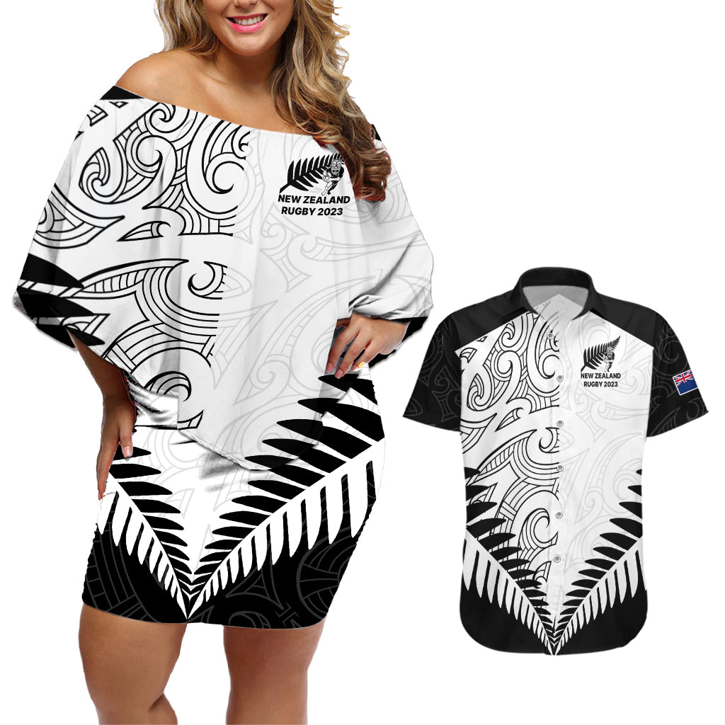 custom-new-zealand-rugby-couples-matching-off-shoulder-short-dress-and-hawaiian-shirt-proud-aoteroa-stylised-maori-koru