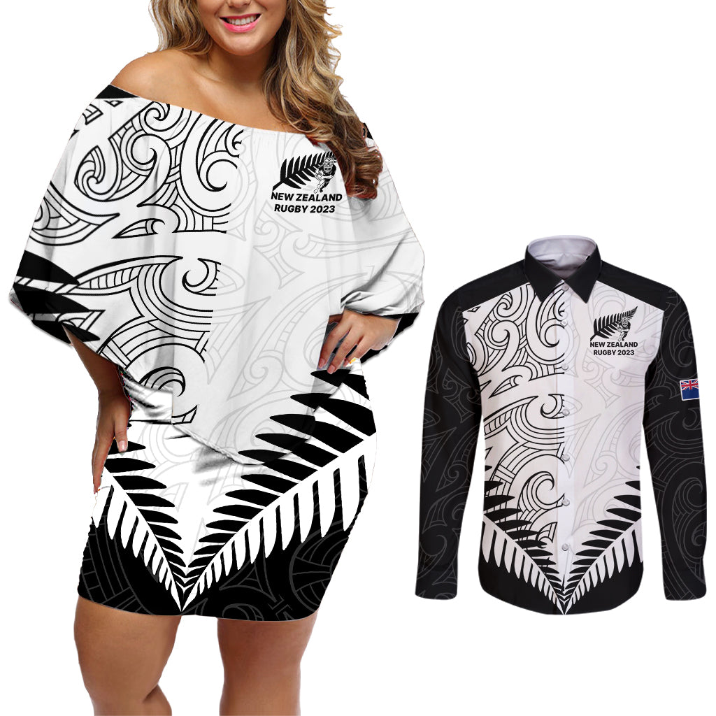 custom-new-zealand-rugby-couples-matching-off-shoulder-short-dress-and-long-sleeve-button-shirts-proud-aoteroa-stylised-maori-koru