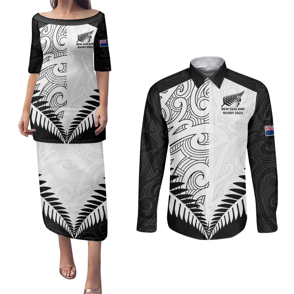 custom-new-zealand-rugby-couples-matching-puletasi-dress-and-long-sleeve-button-shirts-proud-aoteroa-stylised-maori-koru