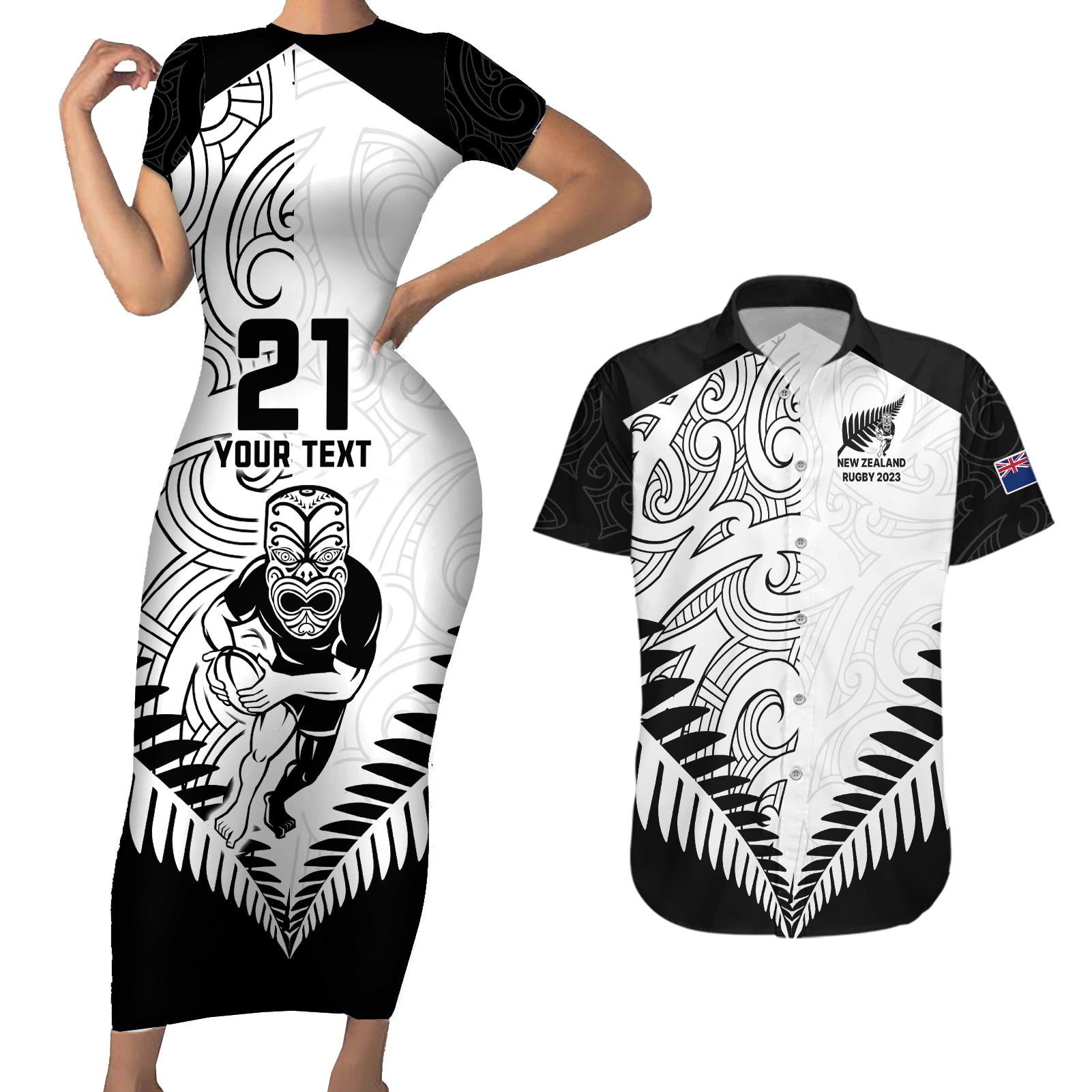 custom-new-zealand-rugby-couples-matching-short-sleeve-bodycon-dress-and-hawaiian-shirt-proud-aoteroa-stylised-maori-koru