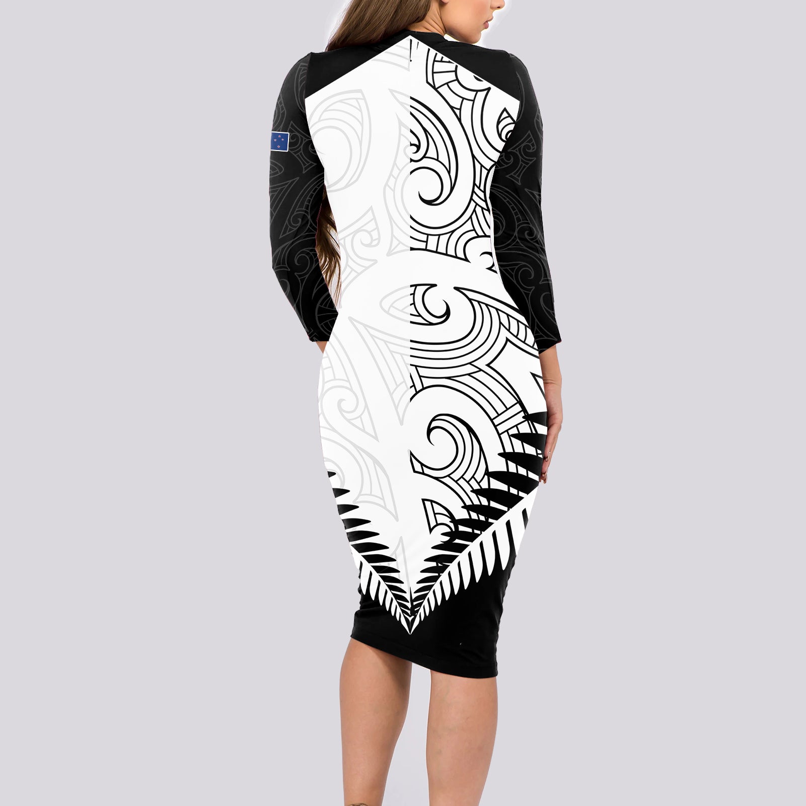 custom-new-zealand-rugby-long-sleeve-bodycon-dress-proud-aoteroa-stylised-maori-koru