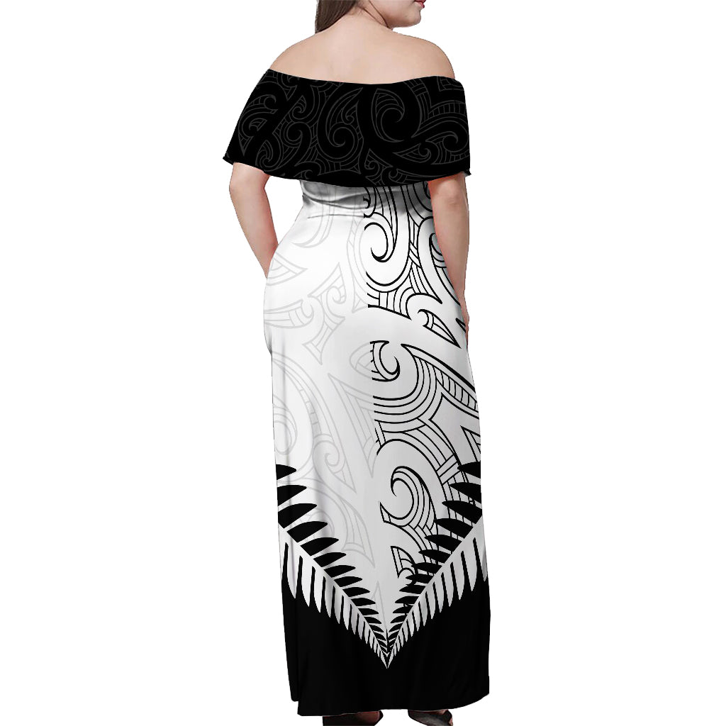 Custom New Zealand Rugby Off Shoulder Maxi Dress Proud Aoteroa Stylised Maori Koru - Vibe Hoodie Shop