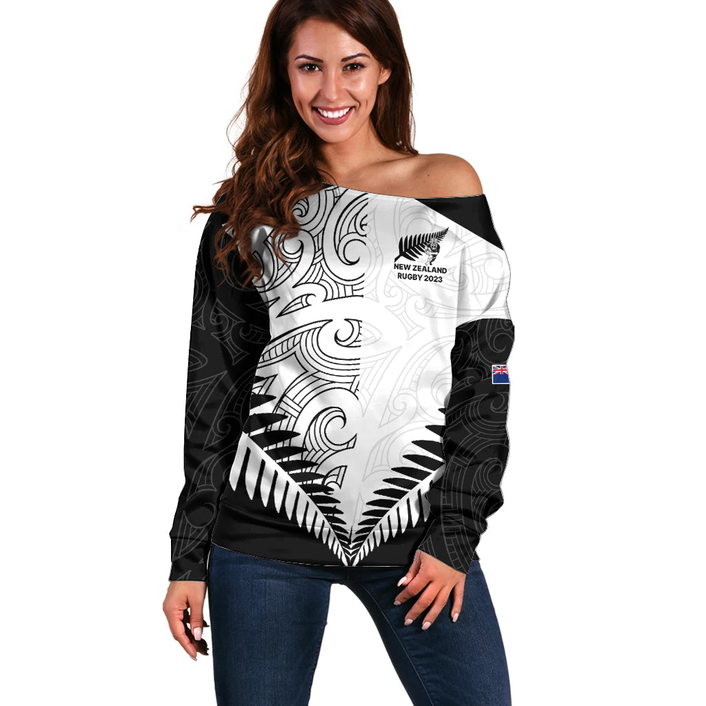 Custom New Zealand Rugby Off Shoulder Sweater Proud Aoteroa Stylised Maori Koru - Vibe Hoodie Shop