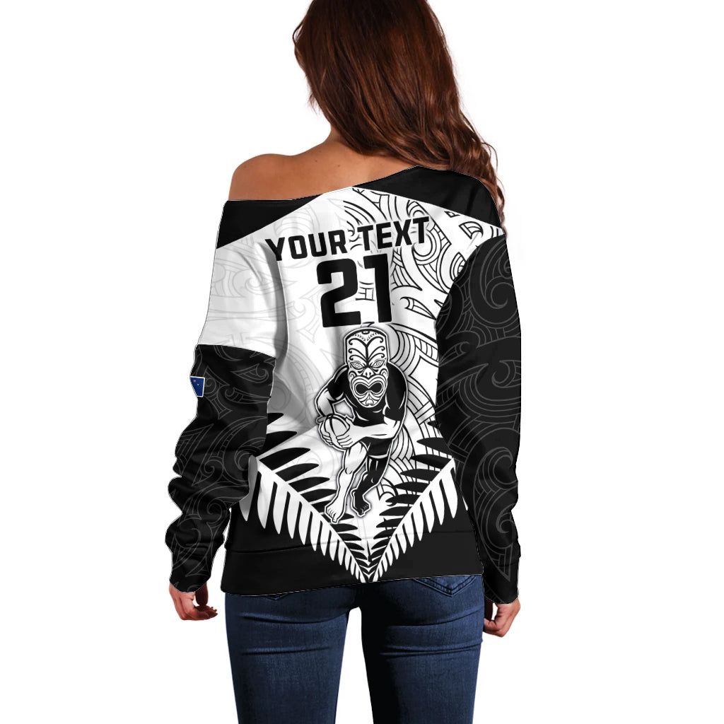 Custom New Zealand Rugby Off Shoulder Sweater Proud Aoteroa Stylised Maori Koru - Vibe Hoodie Shop