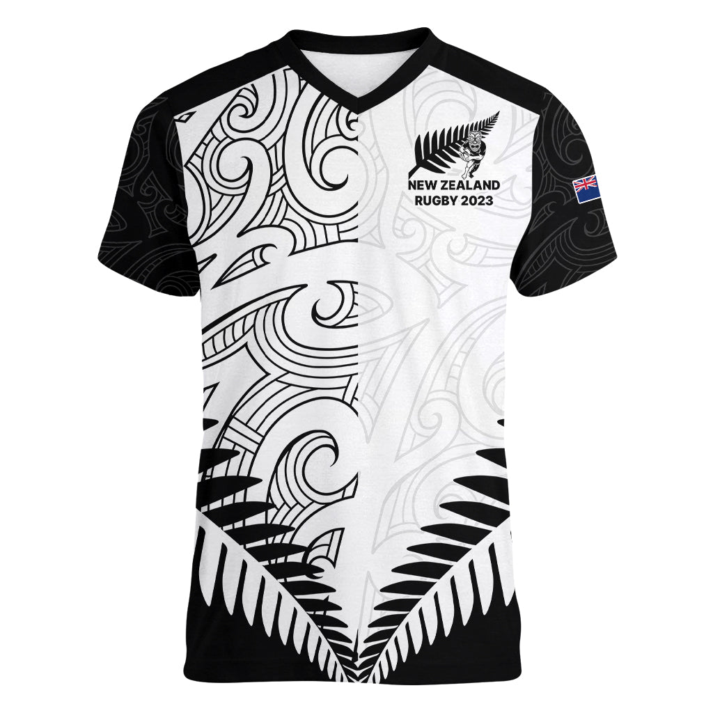 Custom New Zealand Rugby Women V Neck T Shirt Proud Aoteroa Stylised Maori Koru - Vibe Hoodie Shop