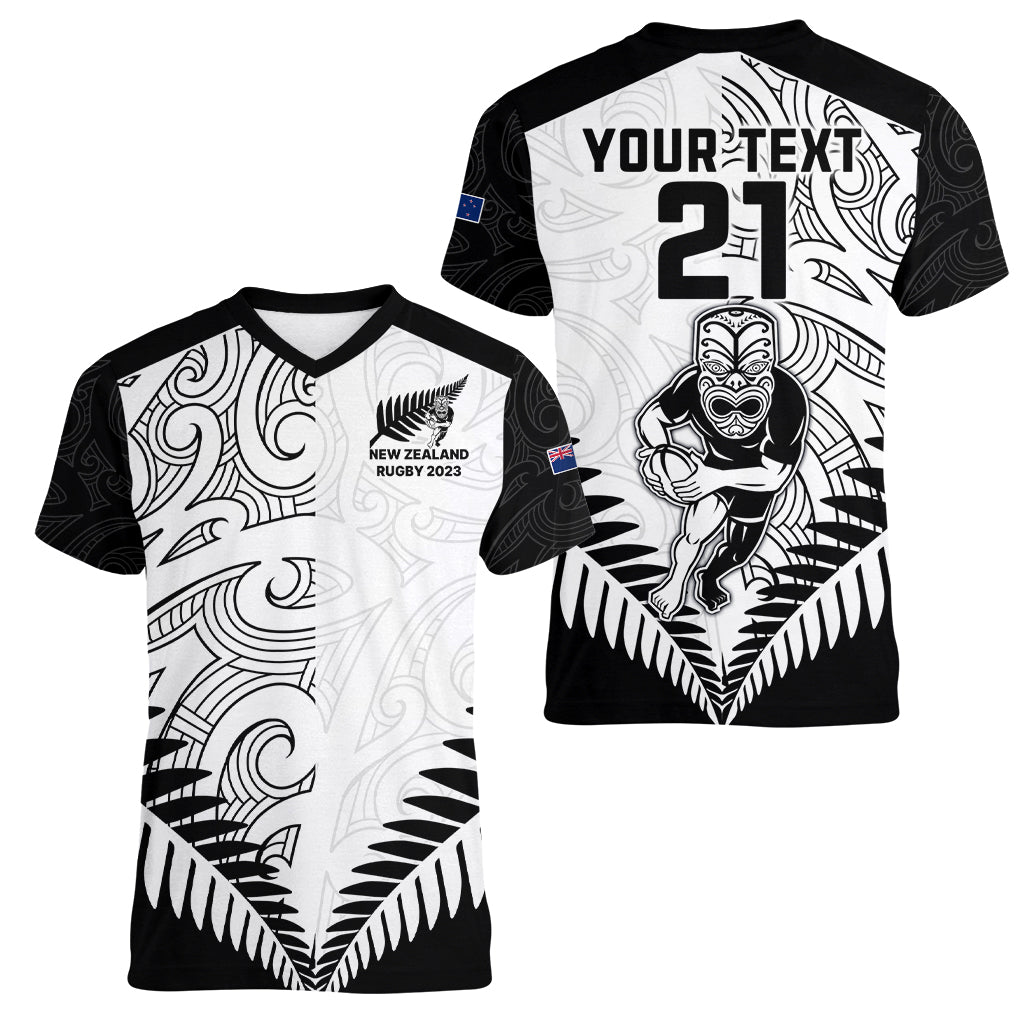 Custom New Zealand Rugby Women V Neck T Shirt Proud Aoteroa Stylised Maori Koru - Vibe Hoodie Shop