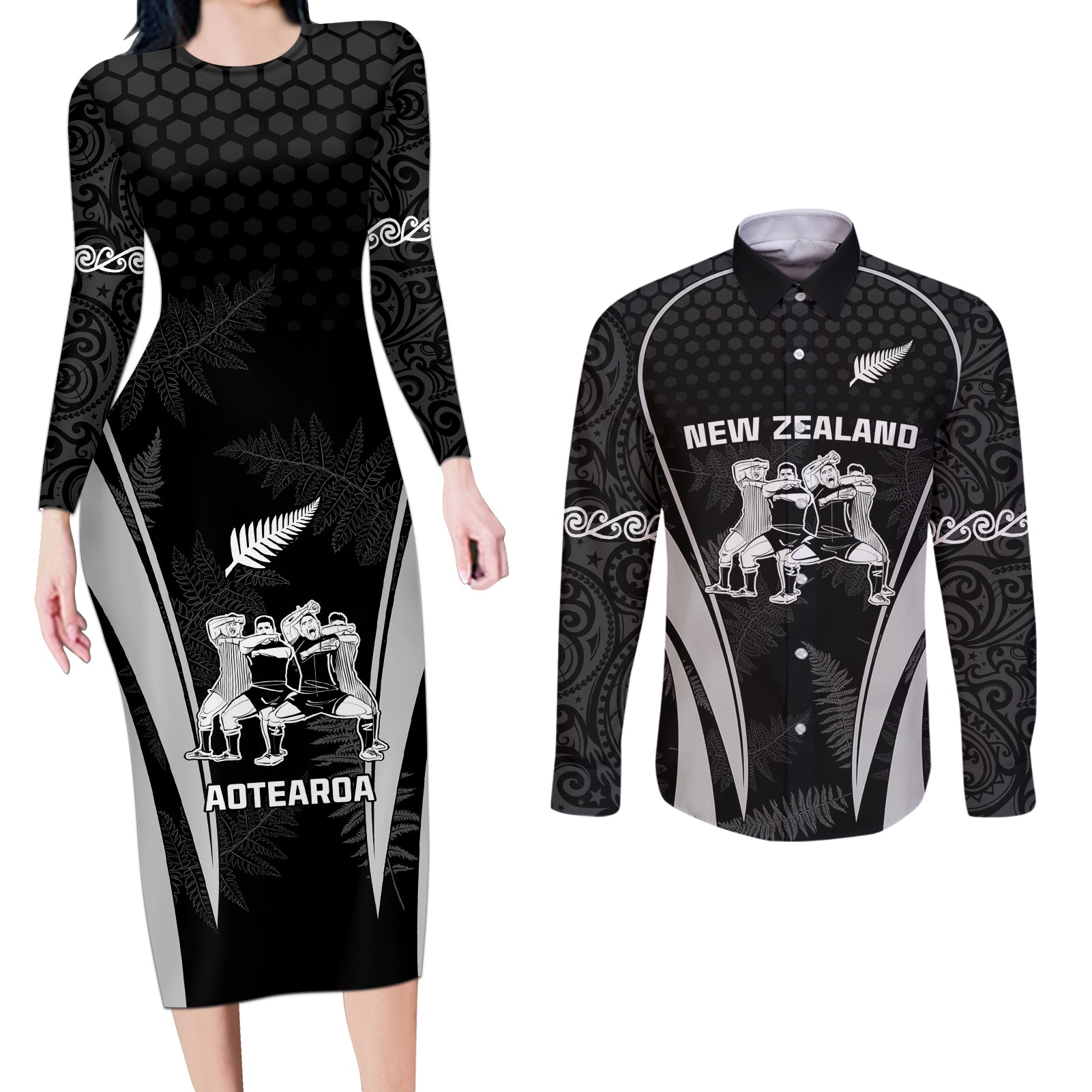 new-zealand-aotearoa-rugby-couples-matching-long-sleeve-bodycon-dress-and-long-sleeve-button-shirt-haka-dance-mixed-silver-fern-sporty-style