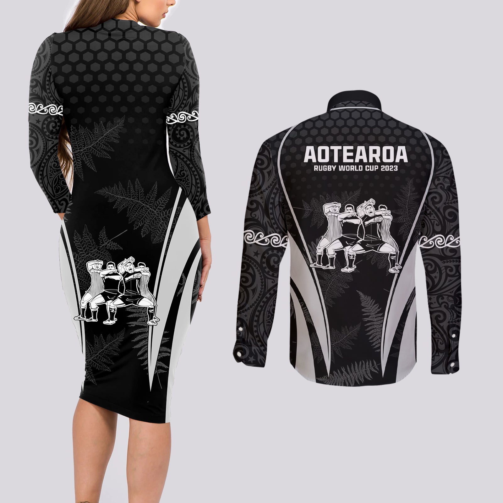 new-zealand-aotearoa-rugby-couples-matching-long-sleeve-bodycon-dress-and-long-sleeve-button-shirt-haka-dance-mixed-silver-fern-sporty-style