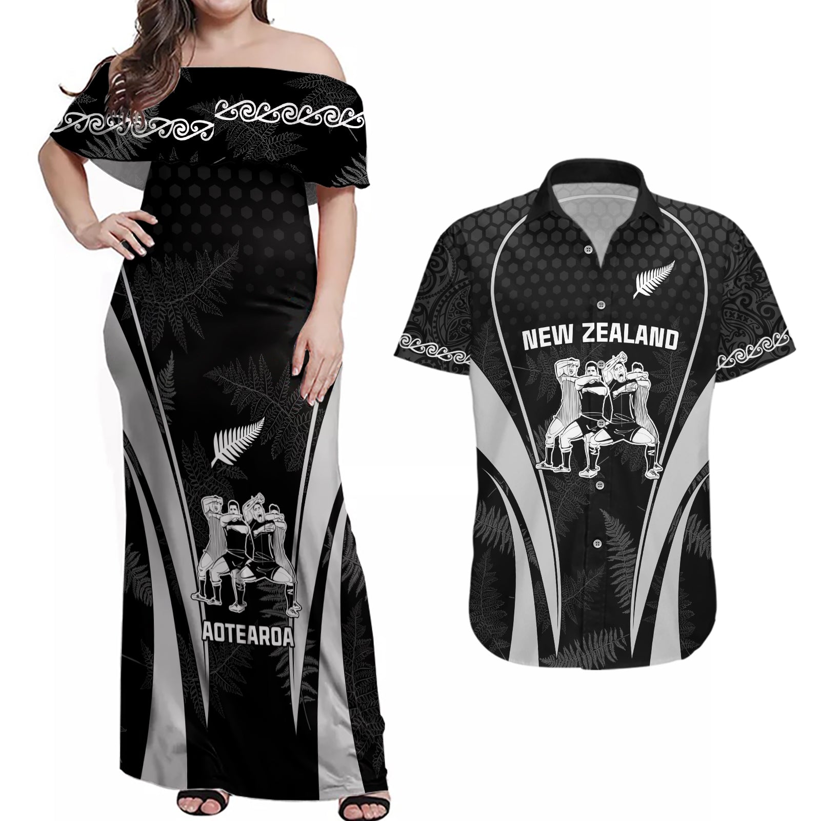 new-zealand-aotearoa-rugby-couples-matching-off-shoulder-maxi-dress-and-hawaiian-shirt-haka-dance-mixed-silver-fern-sporty-style