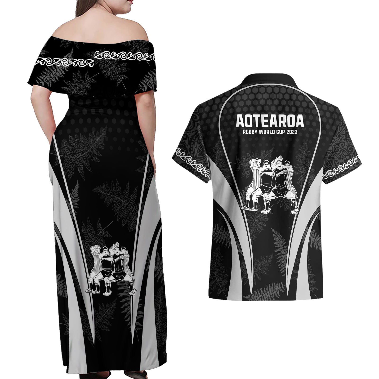 new-zealand-aotearoa-rugby-couples-matching-off-shoulder-maxi-dress-and-hawaiian-shirt-haka-dance-mixed-silver-fern-sporty-style