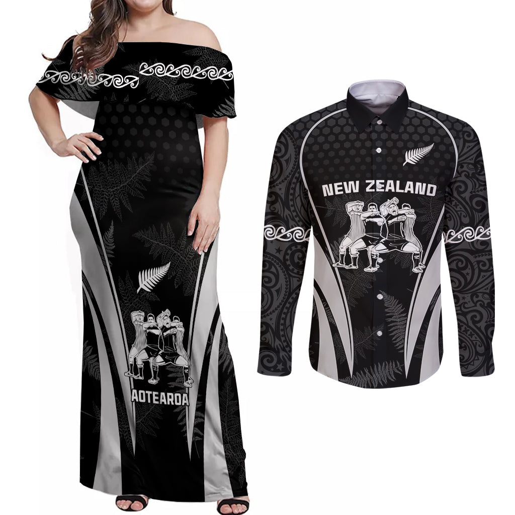 new-zealand-aotearoa-rugby-couples-matching-off-shoulder-maxi-dress-and-long-sleeve-button-shirt-haka-dance-mixed-silver-fern-sporty-style
