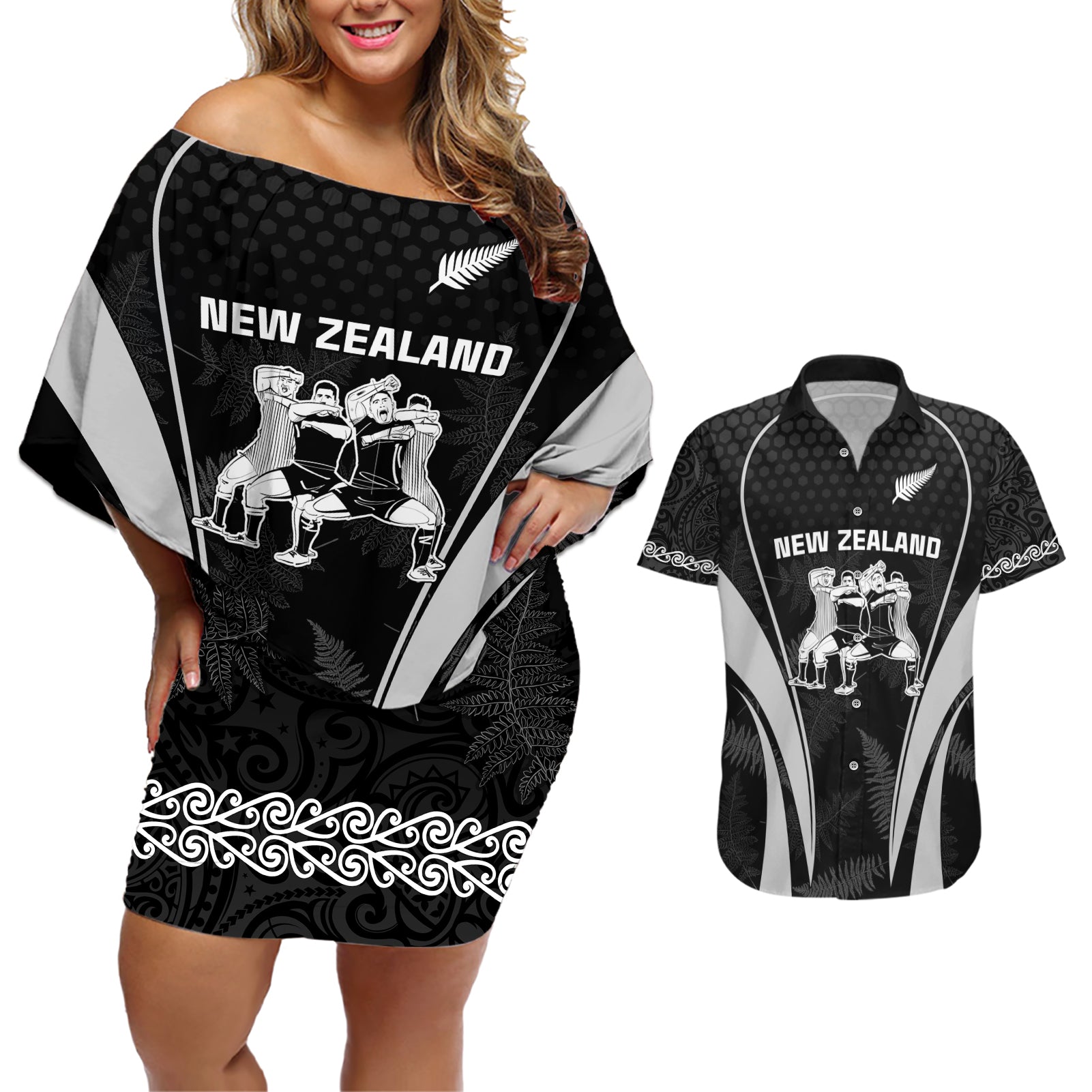 new-zealand-aotearoa-rugby-couples-matching-off-shoulder-short-dress-and-hawaiian-shirt-haka-dance-mixed-silver-fern-sporty-style