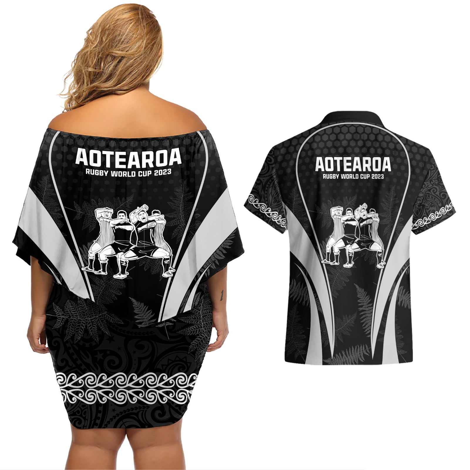 new-zealand-aotearoa-rugby-couples-matching-off-shoulder-short-dress-and-hawaiian-shirt-haka-dance-mixed-silver-fern-sporty-style