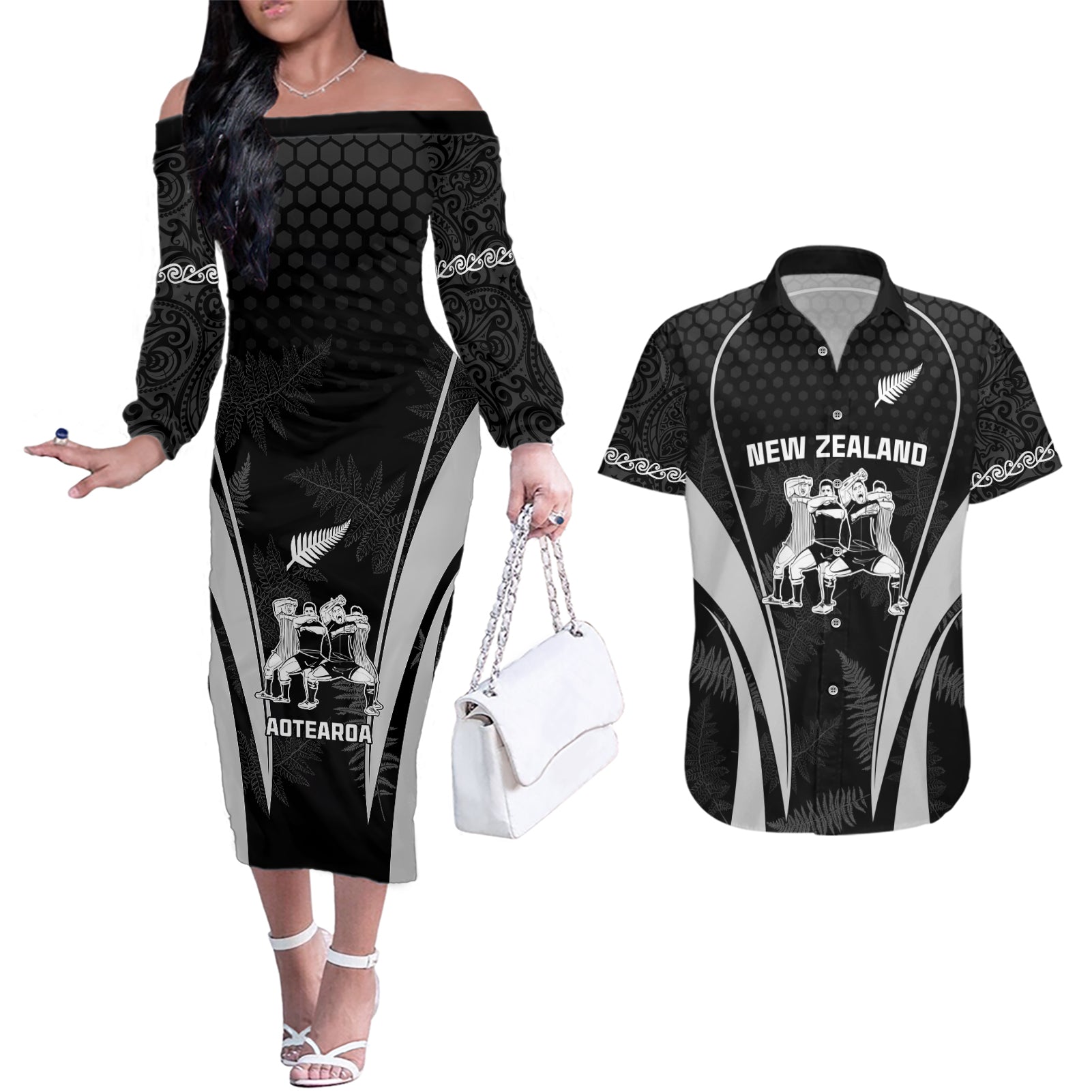 new-zealand-aotearoa-rugby-couples-matching-off-the-shoulder-long-sleeve-dress-and-hawaiian-shirt-haka-dance-mixed-silver-fern-sporty-style