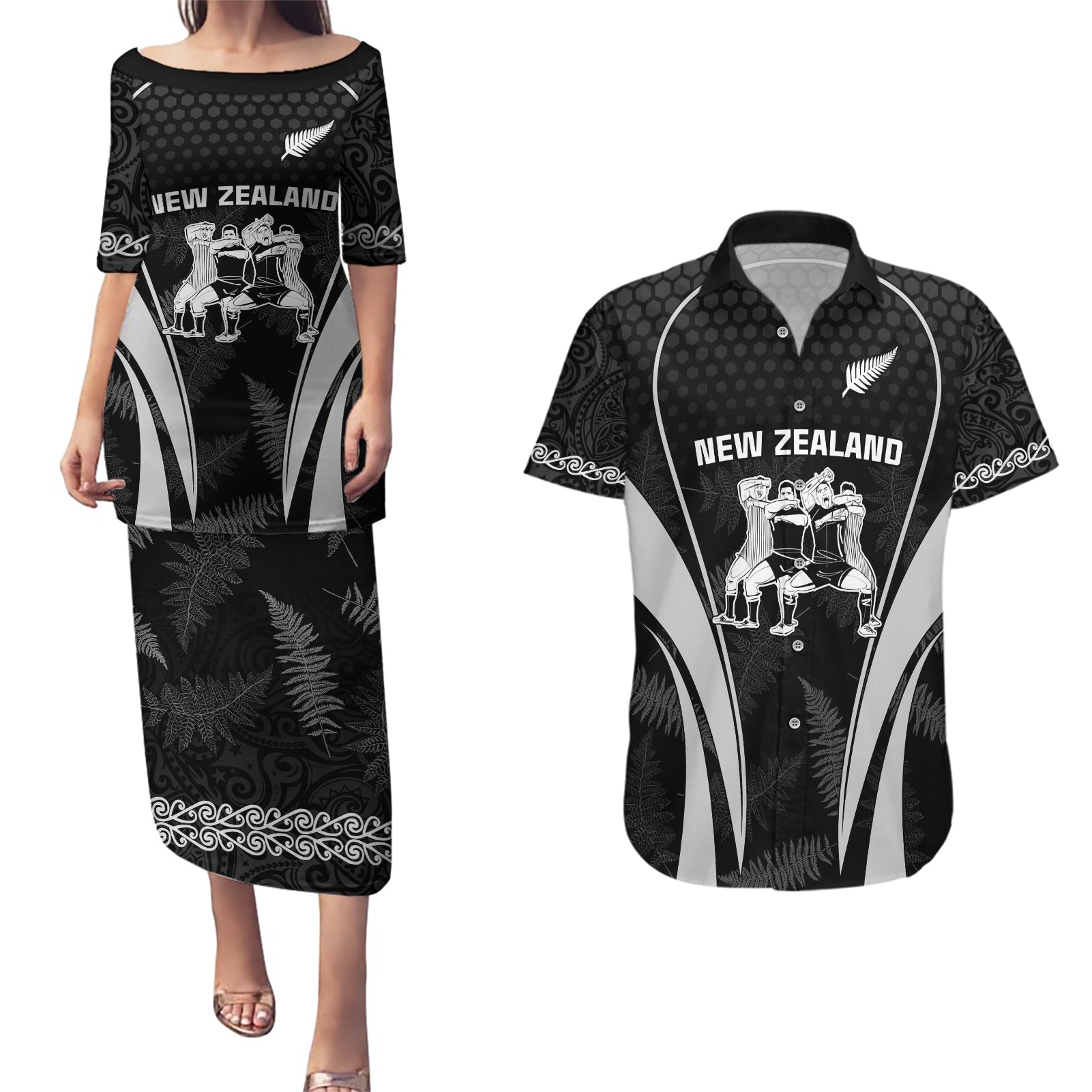 new-zealand-aotearoa-rugby-couples-matching-puletasi-dress-and-hawaiian-shirt-haka-dance-mixed-silver-fern-sporty-style