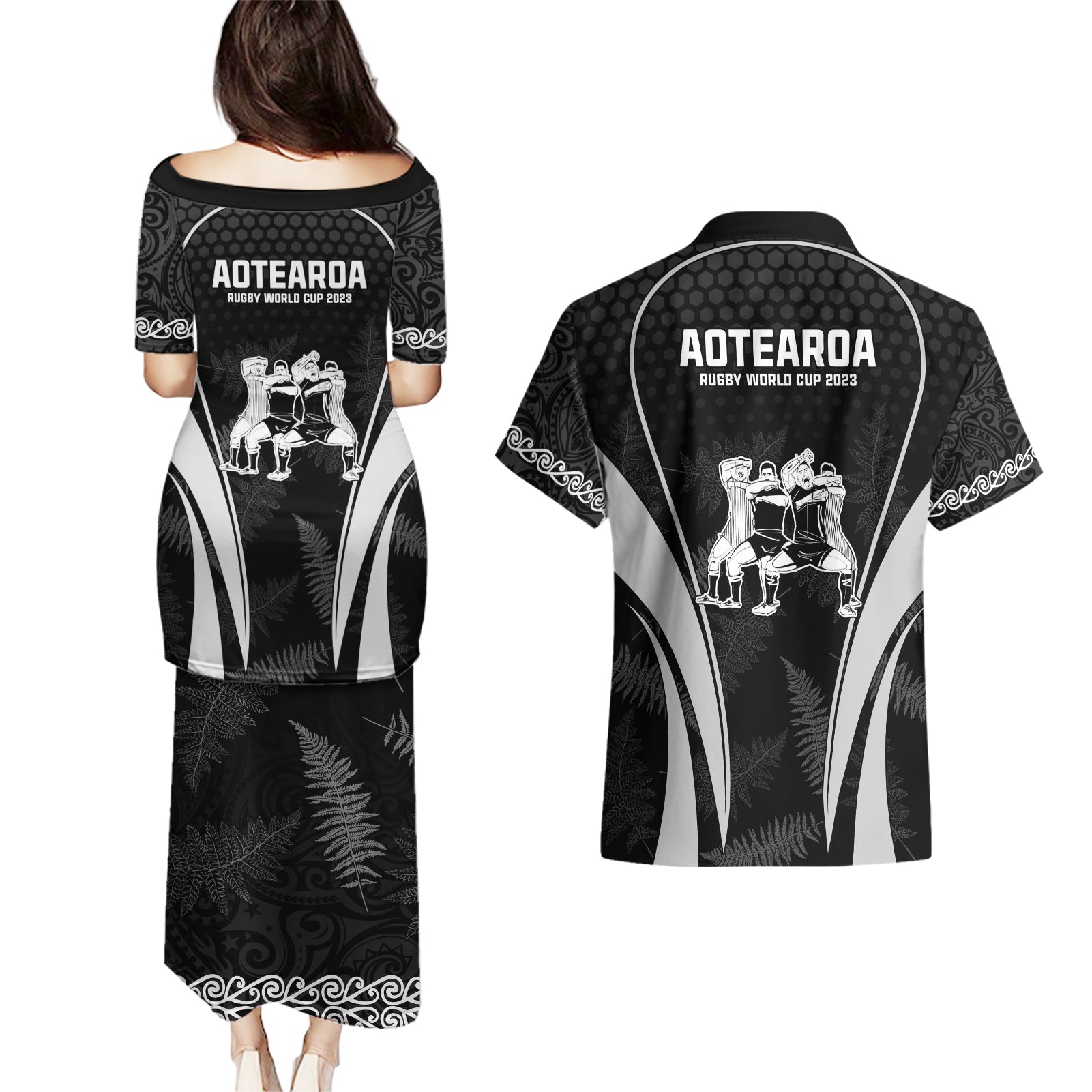 new-zealand-aotearoa-rugby-couples-matching-puletasi-dress-and-hawaiian-shirt-haka-dance-mixed-silver-fern-sporty-style