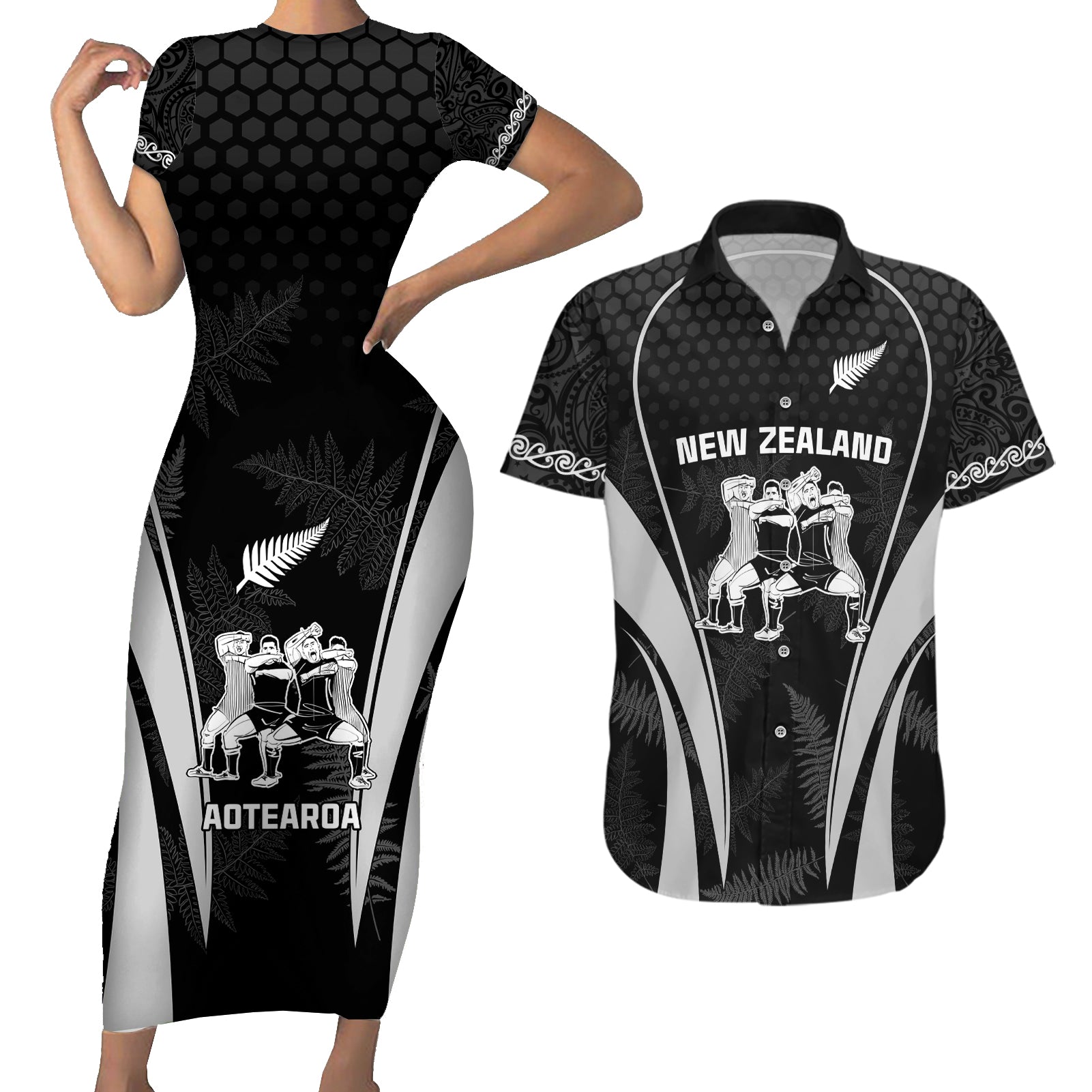 new-zealand-aotearoa-rugby-couples-matching-short-sleeve-bodycon-dress-and-hawaiian-shirt-haka-dance-mixed-silver-fern-sporty-style