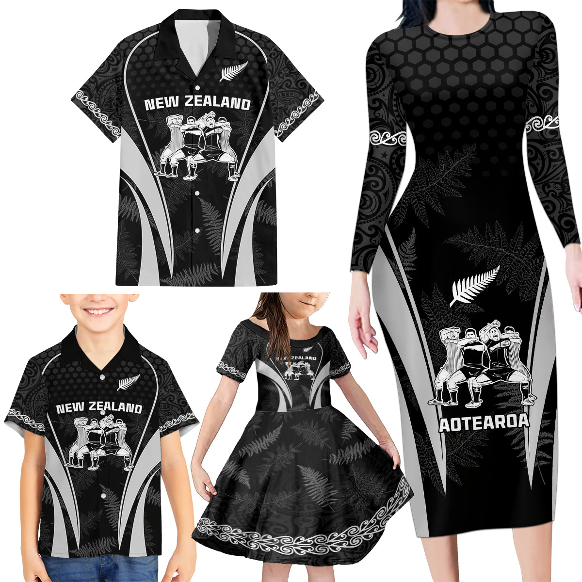 new-zealand-aotearoa-rugby-family-matching-long-sleeve-bodycon-dress-and-hawaiian-shirt-haka-dance-mixed-silver-fern-sporty-style