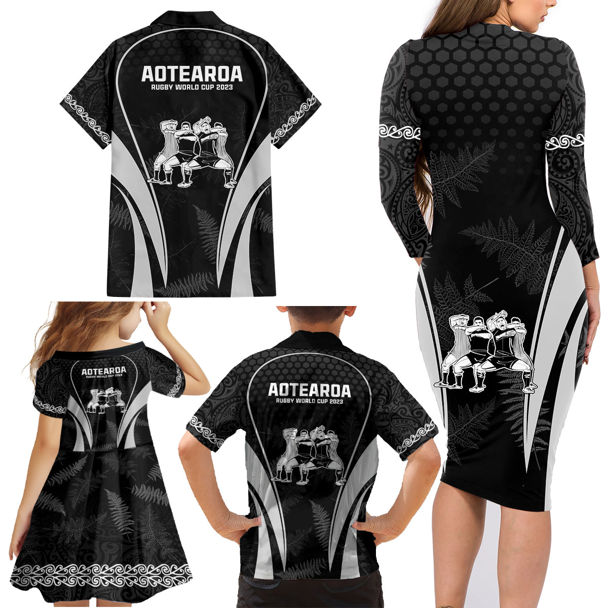 new-zealand-aotearoa-rugby-family-matching-long-sleeve-bodycon-dress-and-hawaiian-shirt-haka-dance-mixed-silver-fern-sporty-style