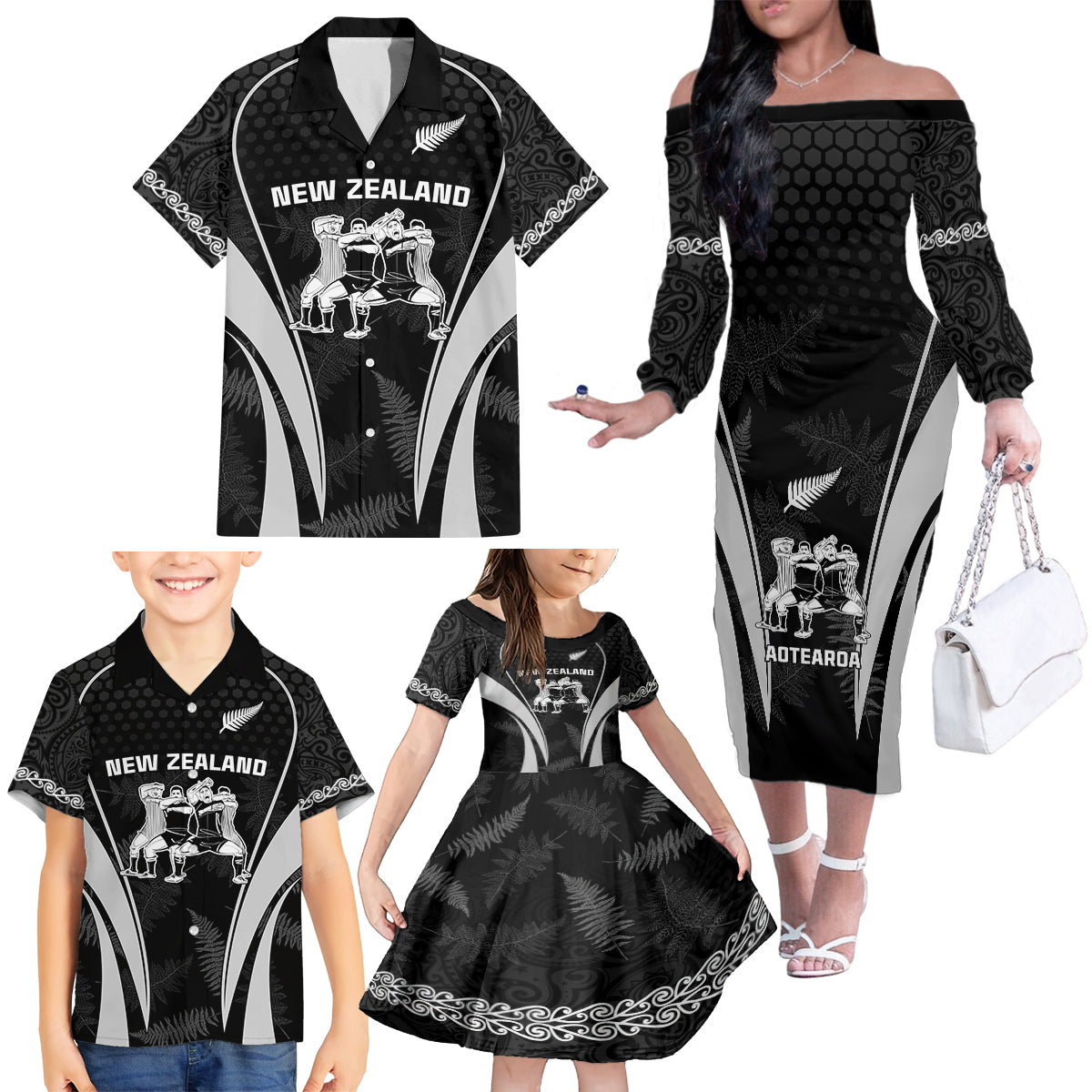 new-zealand-aotearoa-rugby-family-matching-off-shoulder-long-sleeve-dress-and-hawaiian-shirt-haka-dance-mixed-silver-fern-sporty-style