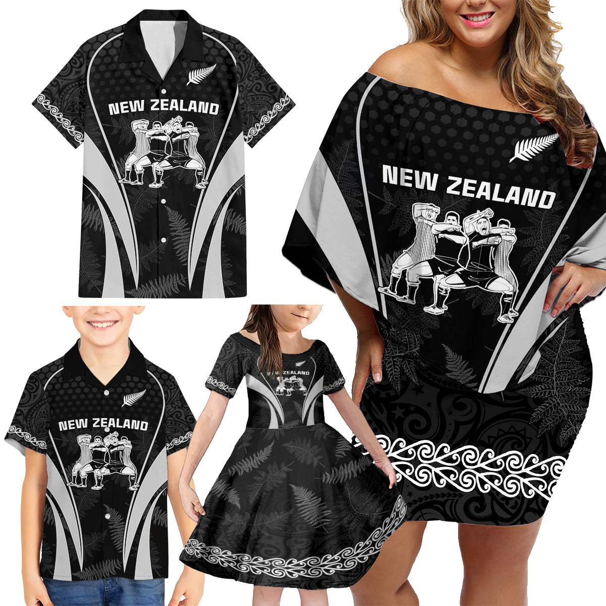 new-zealand-aotearoa-rugby-family-matching-off-shoulder-short-dress-and-hawaiian-shirt-haka-dance-mixed-silver-fern-sporty-style