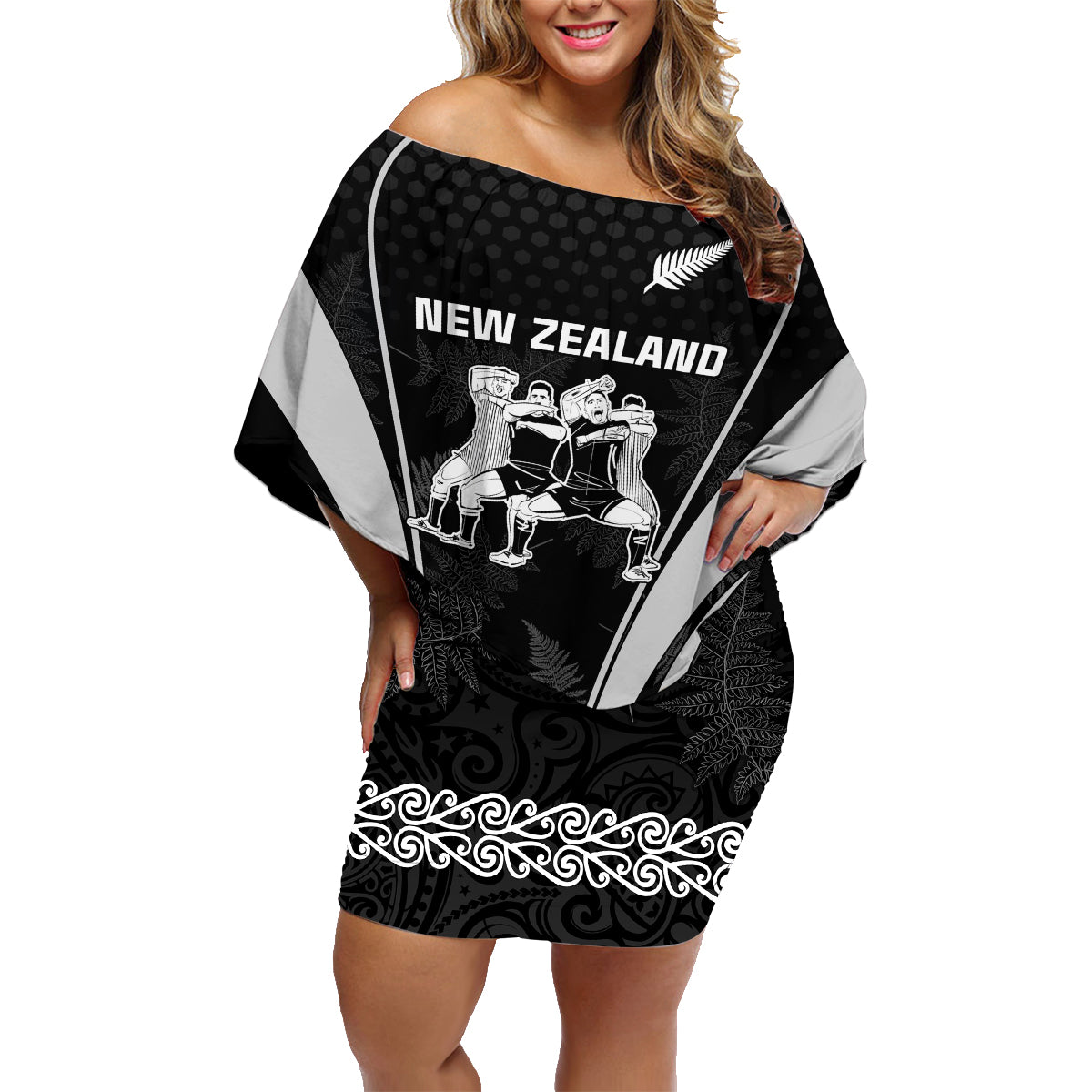 new-zealand-aotearoa-rugby-family-matching-off-shoulder-short-dress-and-hawaiian-shirt-haka-dance-mixed-silver-fern-sporty-style