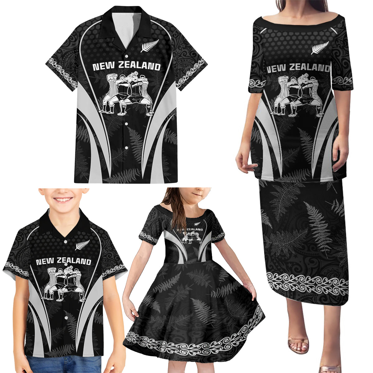 new-zealand-aotearoa-rugby-family-matching-puletasi-dress-and-hawaiian-shirt-haka-dance-mixed-silver-fern-sporty-style