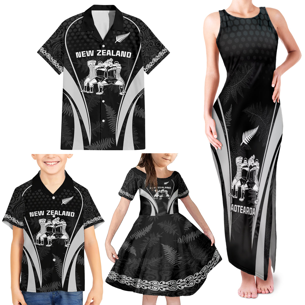 new-zealand-aotearoa-rugby-family-matching-tank-maxi-dress-and-hawaiian-shirt-haka-dance-mixed-silver-fern-sporty-style