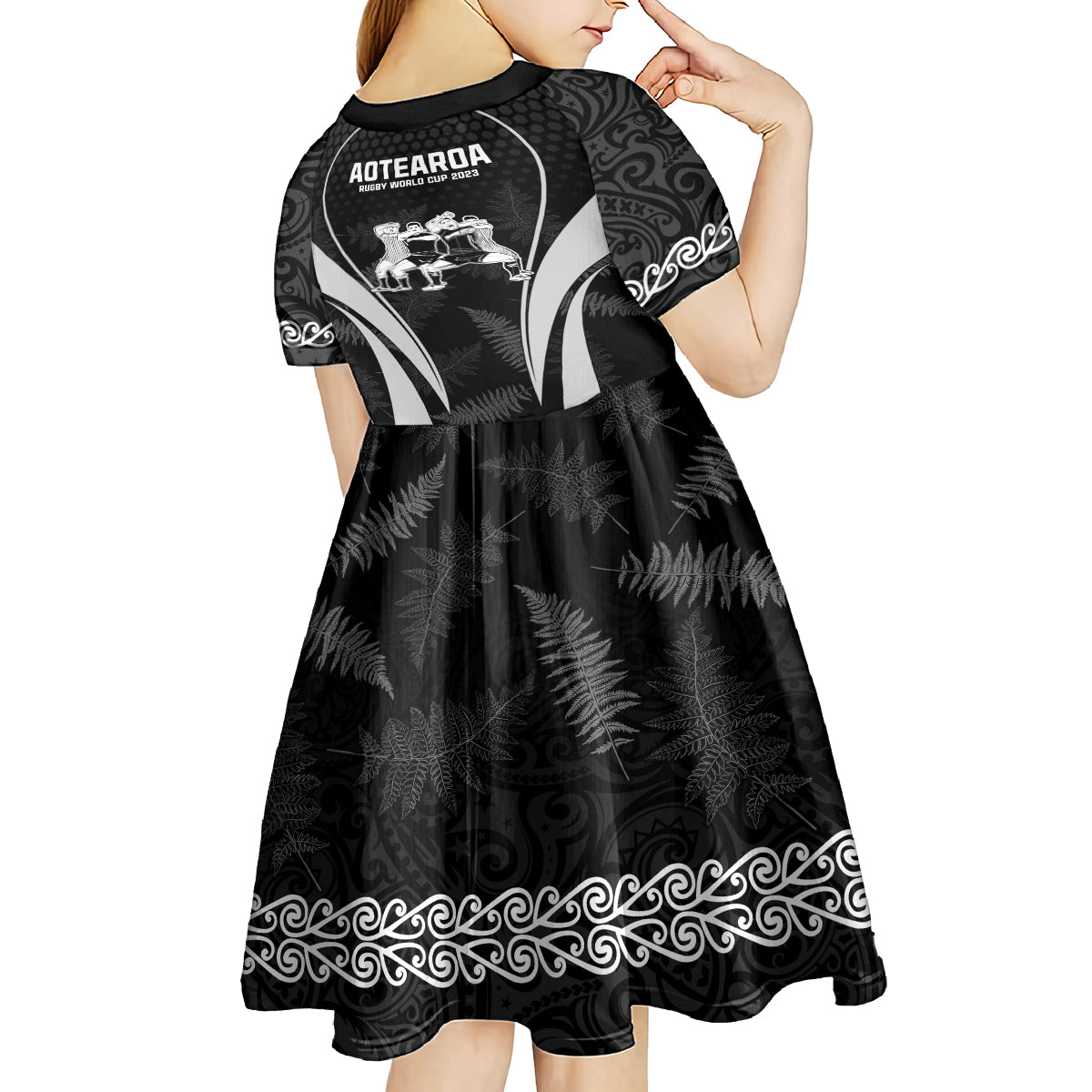 New Zealand Aotearoa Rugby Kid Short Sleeve Dress Haka Dance Mixed Silver Fern Sporty Style - Vibe Hoodie Shop